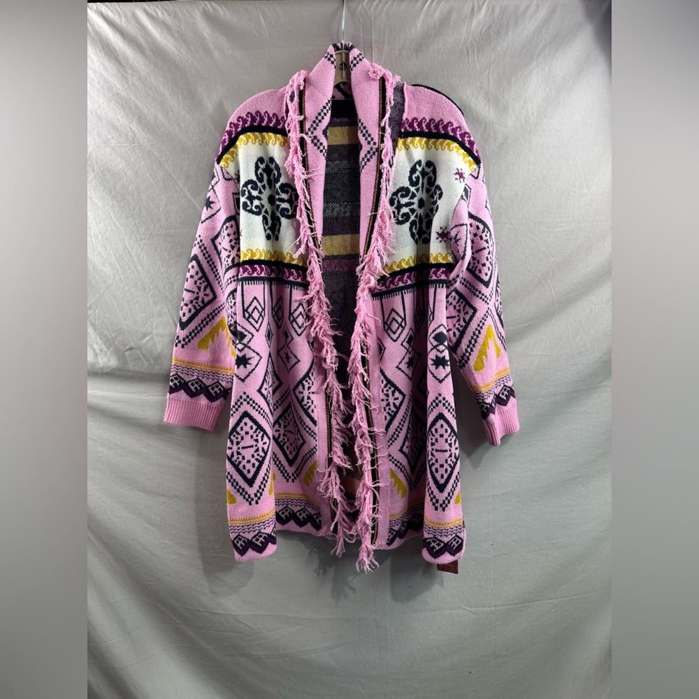 Pink Geometric Aztec Print Fringe Cardigan - Picture 13 of 15